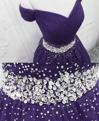 Purple Tulle Beaded Cute Off Shoulder Short Prom Dress, Purple Homecoming Dress Party Dress