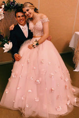 Off Shoulder Two Pieces Floral Pink Lace Wedding Dress, 2 Pieces Lace Pink Prom Dress, Pink Formal Dress