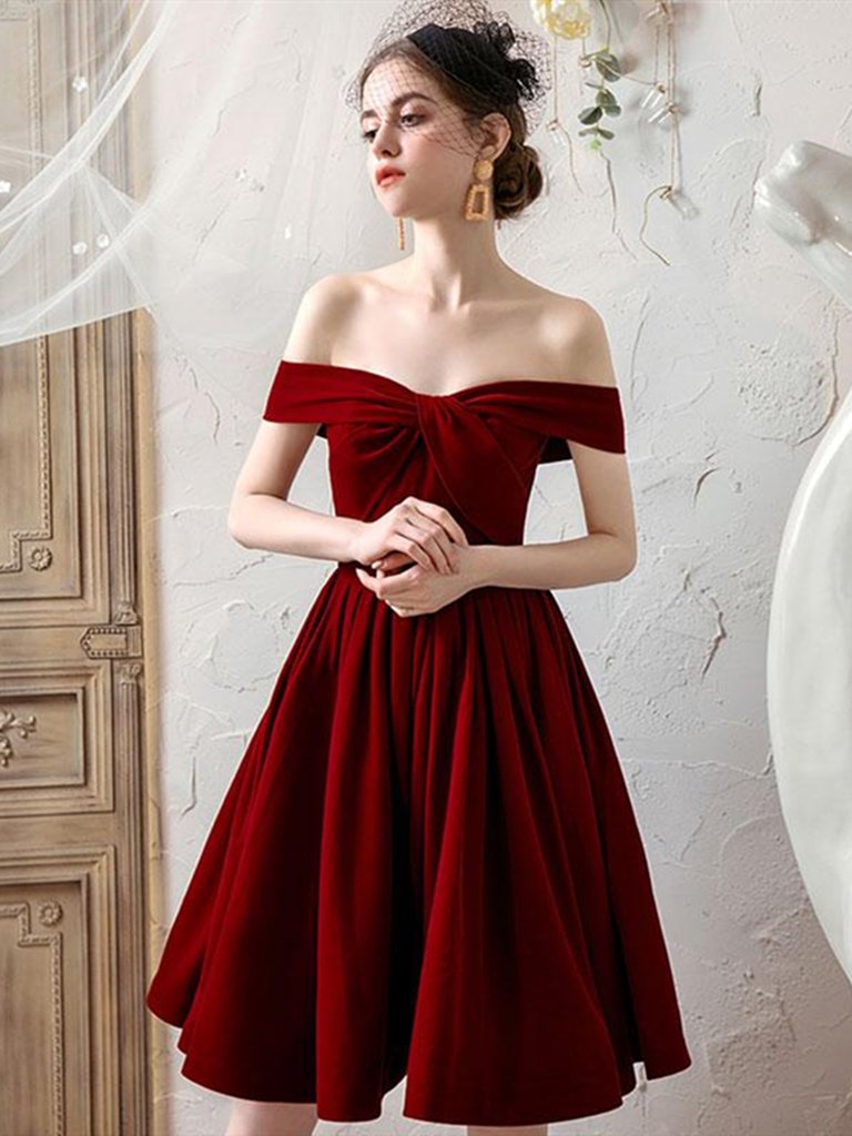 Wine Red  Off Shoulder Velvet Homecoming Dresses, Burgundy Formal Short Prom Dress