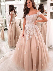 Off the Shoulder Champagne Lace Wedding Dresses, Off Shoulder Champagne Lace Formal Prom Dresses