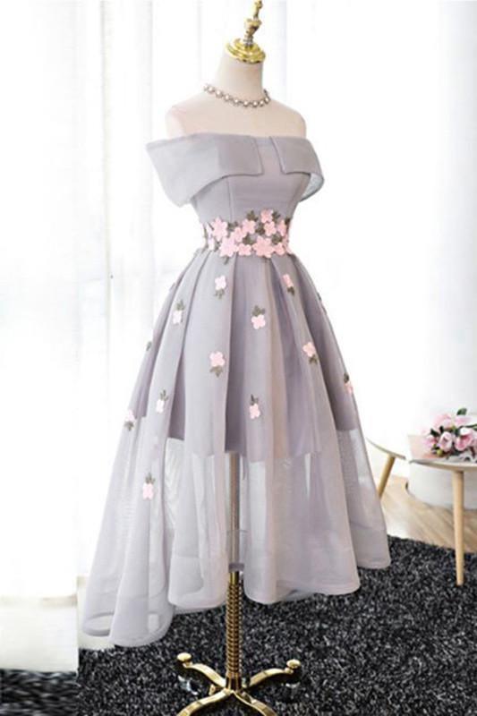 Off-the-Shoulder  High Low Grey Tulle Homecoming Dress With Appliques TR0177