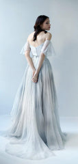 Off-the-Shoulder Unique Grey Blue Long Prom Dresses Wedding Dresses TN249