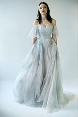 Off-the-Shoulder Unique Grey Blue Long Prom Dresses Wedding Dresses TN249