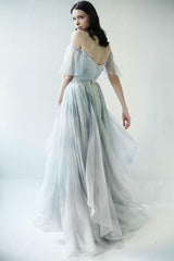 Off-the-Shoulder Unique Grey Blue Long Prom Dresses Wedding Dresses TN249