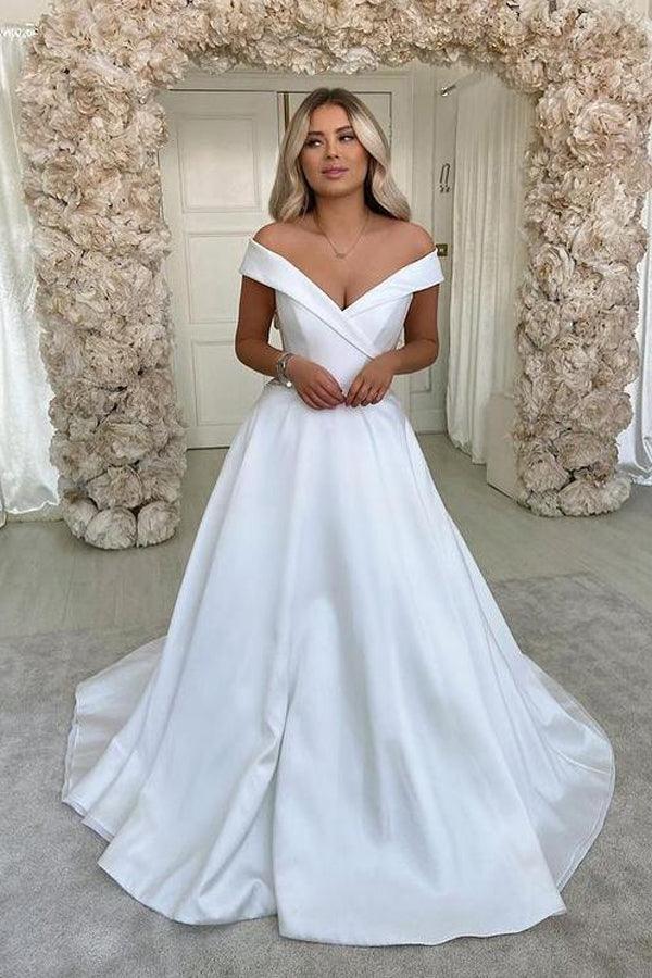 Off-the-shoulder Satin Wedding Gowns Simple Bridal Dresses With Court Train TN295