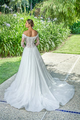 Off shoulder collar sheer lace decal strapless backless and floor length wedding dress