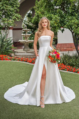 Off shoulder collar sleeveless strapless backless side slit and floor length wedding dress