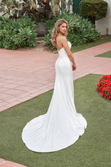 Off shoulder collar without shoulder straps pleated details backless and floor length wedding dress