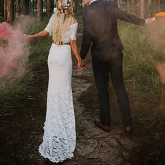 Off the Shoulder 2 Piece Beach Lace Wedding Dress Summer Bridal Dress Short Sleeves