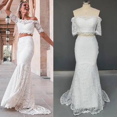 Off the Shoulder 2 Piece Beach Lace Wedding Dress Summer Bridal Dress Short Sleeves