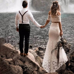Off the Shoulder 2 Piece Beach Lace Wedding Dress Summer Bridal Dress Short Sleeves