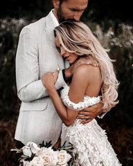 Off the Shoulder A Line Sleeveless Tulle Floral Lace Beach Wedding Dresses