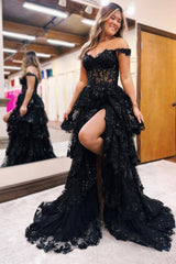 Off the Shoulder Applique Princess Long Corset Prom Dress with Slit