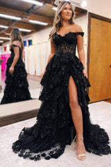 Off the Shoulder Applique Princess Long Corset Prom Dress with Slit