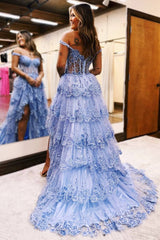 Off the Shoulder Applique Princess Long Corset Prom Dress with Slit
