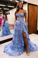Off the Shoulder Applique Princess Long Corset Prom Dress with Slit