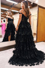 Off the Shoulder Applique Princess Long Corset Prom Dress with Slit