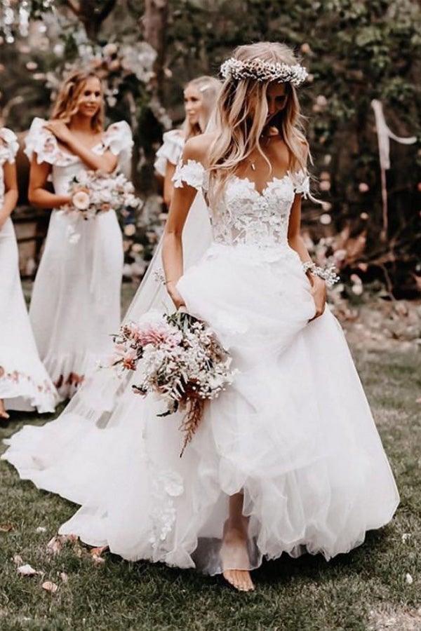 A-line Off the Shoulder White Tulle Ball Gown Wedding Dresses with Applique
