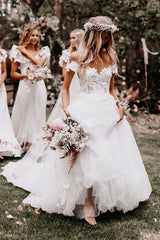 A-line Off the Shoulder White Tulle Ball Gown Wedding Dresses with Applique
