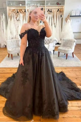 Off the Shoulder Black Lace Long Prom Dress, Black Lace Formal Dresses, Tulle Ball Gown A2275