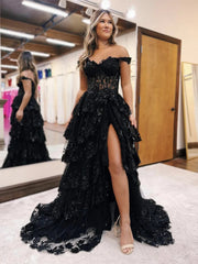 Off the Shoulder Black Lace Long Prom Dresses, Off Shoulder Black Lace Long Formal Evening Dresses