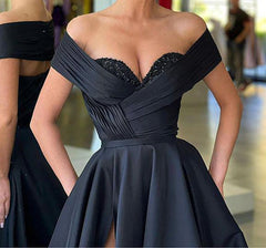 Off the Shoulder Black Satin Long Prom Dresses, Black Off Shoulder Satin Formal Evening Dresses