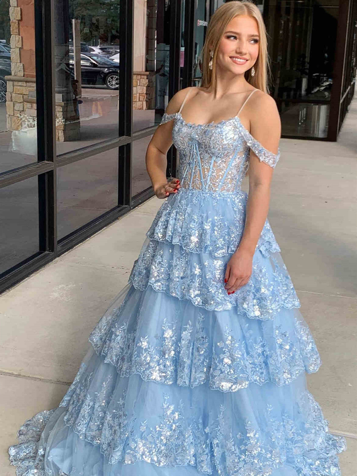 Off the Shoulder Blue Purple Ruffle Tiered Lace Prom Dresses, Blue Purple Ruffle Tiered Lace Formal Evening Dresses