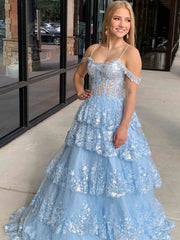Off the Shoulder Blue Purple Ruffle Tiered Lace Prom Dresses, Blue Purple Ruffle Tiered Lace Formal Evening Dresses