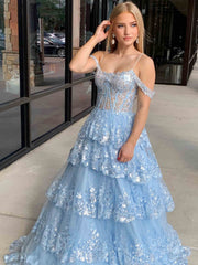Off the Shoulder Blue Purple Ruffle Tiered Lace Prom Dresses, Blue Purple Ruffle Tiered Lace Formal Evening Dresses