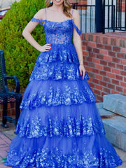 Off the Shoulder Blue Purple Ruffle Tiered Lace Prom Dresses, Blue Purple Ruffle Tiered Lace Formal Evening Dresses