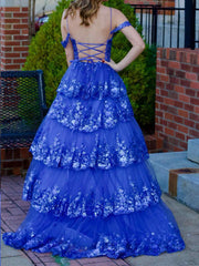 Off the Shoulder Blue Purple Ruffle Tiered Lace Prom Dresses, Blue Purple Ruffle Tiered Lace Formal Evening Dresses