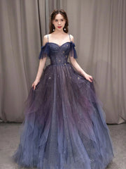 Off the Shoulder Blue Purple Ombre Tulle Prom Dresses, Blue Purple Ombre Formal Graduation Dresses