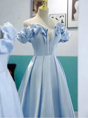 Off the Shoulder Blue Satin Long Prom Dresses, Off Shoulder Blue Formal Graduation Dresses