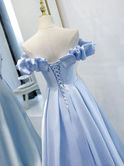 Off the Shoulder Blue Satin Long Prom Dresses, Off Shoulder Blue Formal Graduation Dresses