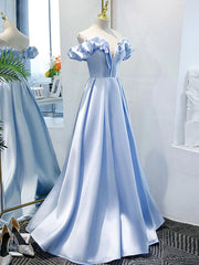 Off the Shoulder Blue Satin Long Prom Dresses, Off Shoulder Blue Formal Graduation Dresses
