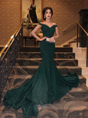 Off the Shoulder Dark Green Prom Dresses, Off Shoulder Dark Green Long Formal Evening Dresses