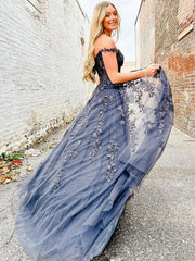 Off the Shoulder Gray Lace Prom Dresses, Gray Lace Formal Graduation Dresses