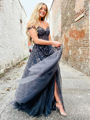 Off the Shoulder Gray Lace Prom Dresses, Gray Lace Formal Graduation Dresses
