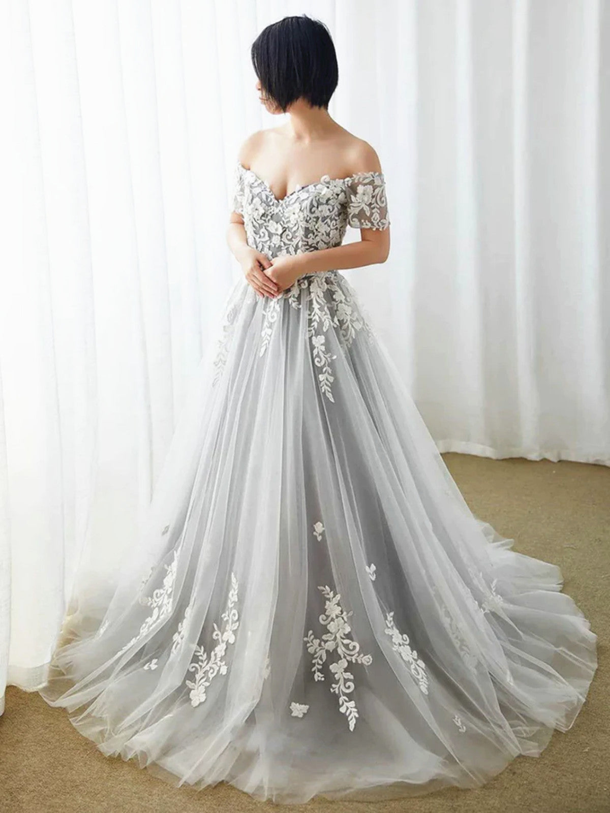 Off the Shoulder Gray Lace Tulle Long Prom Dresses, Gray Long Lace Tulle Formal Evening Dresses