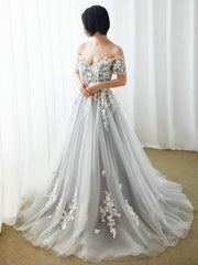 Off the Shoulder Gray Lace Tulle Long Prom Dresses, Gray Long Lace Tulle Formal Evening Dresses