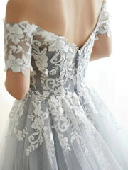 Off the Shoulder Gray Lace Tulle Long Prom Dresses, Gray Long Lace Tulle Formal Evening Dresses