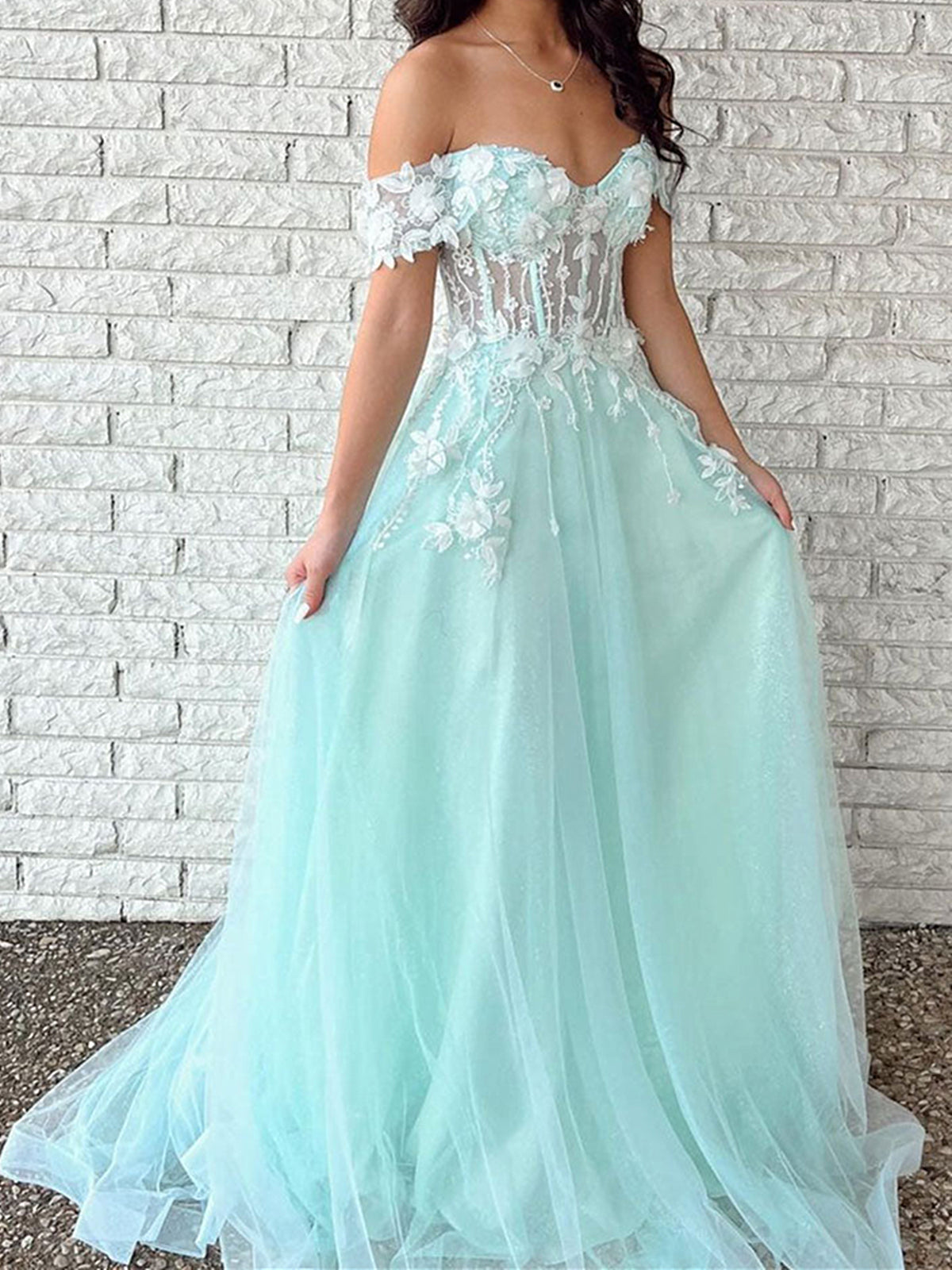 Off the Shoulder Green Blue 3D Lace Floral Prom Dresses, 3D Lace Formal Graduation Dresses