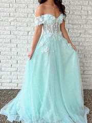 Off the Shoulder Green Blue 3D Lace Floral Prom Dresses, 3D Lace Formal Graduation Dresses