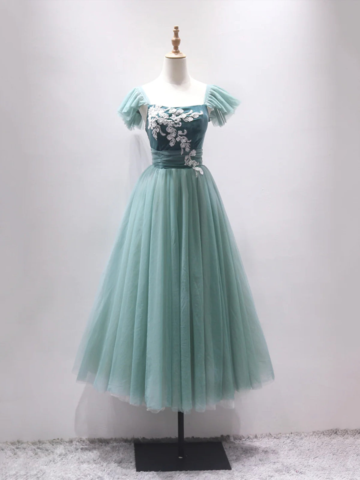 Off the Shoulder Green Tea Length Prom Dresses, Short Green Tea Length Formal Homecoming Dresses
