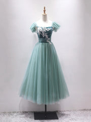 Off the Shoulder Green Tea Length Prom Dresses, Short Green Tea Length Formal Homecoming Dresses