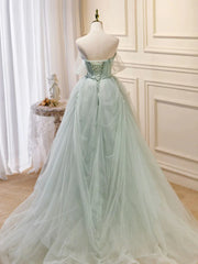 Off the Shoulder Green Tulle Long Prom Dresses, Green Long Formal Evening Dresses