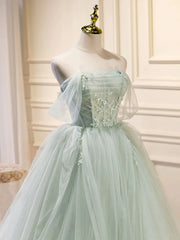 Off the Shoulder Green Tulle Long Prom Dresses, Green Long Formal Evening Dresses