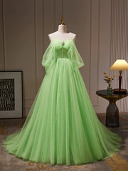 Off the Shoulder Green Tulle Long Prom Dresses, Off Shoulder Green Long Formal Graduation Dresses