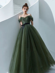 Off the Shoulder Green Tulle Long Prom Dresses, Off Shoulder Green Tulle Long Formal Evening Dresses