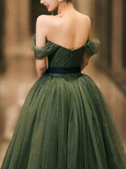 Off the Shoulder Green Tulle Long Prom Dresses, Off Shoulder Green Tulle Long Formal Evening Dresses